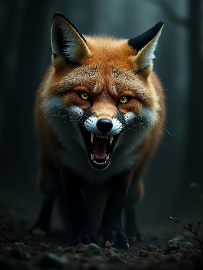 A fierce fox baring its teeth in a dark place