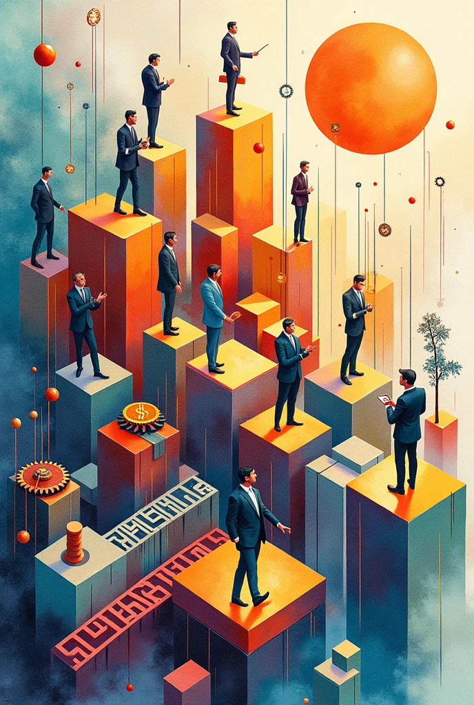 Create three-dimensional gears, circles, and squares, currency, graph lines, and many businessman images. Using watercolor and mixed media Use bright colors The light source is in the upper right corner. --ar 2:3