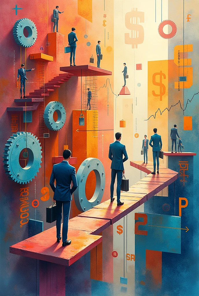 Create three-dimensional gears, circles, and squares, currency, graph lines, and many businessman images. Using watercolor and mixed media Use bright colors The light source is in the upper right corner. --ar 2:3