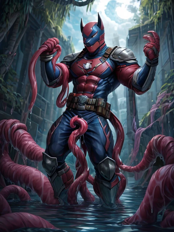 Superhero, hero, strong and robust male, Armor, Tentacle entanglement, uniform, Binding hands togethe, Foreign object invasion, monster breeding, wet, slime, tentacles, slimy tentacles, monster and human breeding, Tentacles wrapped around the body, Insert tentacles into the body, Blocked mouth by tentacles, Both hands are bound, The reproductive organs are covered in tentacles, The chest was torn apart by tentacles, Tentacles penetrate deep into clothes, Wearing pants completely, Complete wearing of trousers,  Complete wearing of trousers, Do not expose the reproductive organs