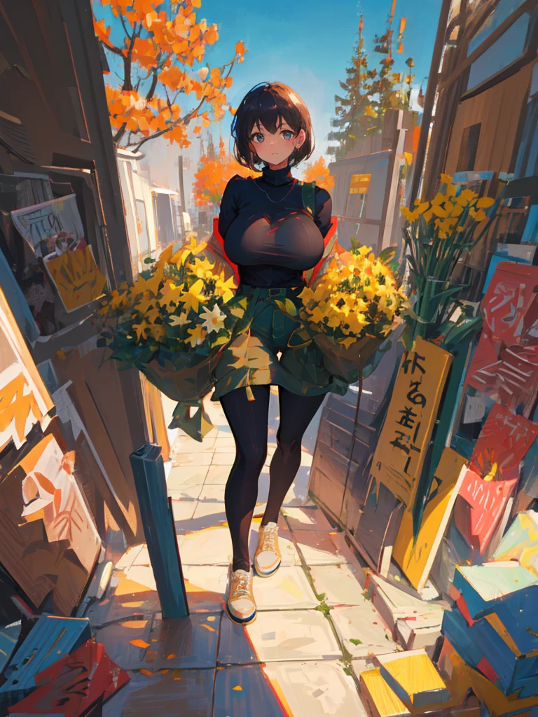 1girl, big breasts, curvy figures, smile, short black hairs, brown eyes, turtleneck clothes, black outfit, many tree background, flowers, high res, ((masterpiece))