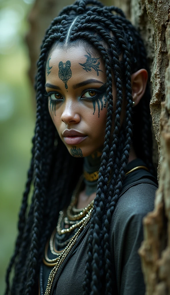 Close up portrait of woman with tattoo on face, Dark Elf, Fractalpunk, Braided complex hair, matte painting portrait shot, Beautiful female android, Dark skin, She is dressed as a shaman, Tattooed face, Cryptopunk, Heavy makeup,smile、Looking up next to a large tree、