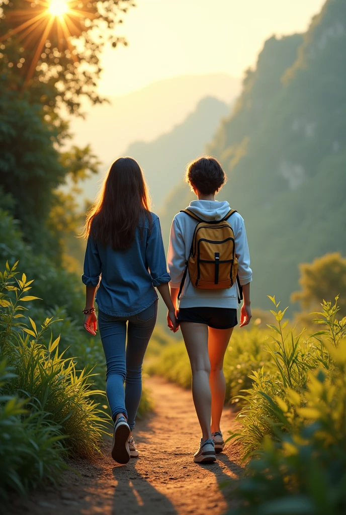 Two young women hike a mountain trail near Mae Fah Luang University. One wears a blue shirt and jeans with long brown hair, and the other wears a white hoodie and black shorts with short black hair. The morning sun lights up the lush green surroundings