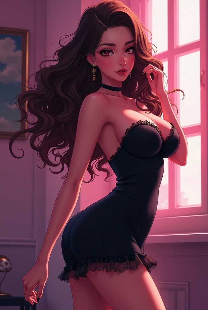 An anime called Izabella, She has medium breasts and a medium ass, wears a tight black dress, and has long curly hair