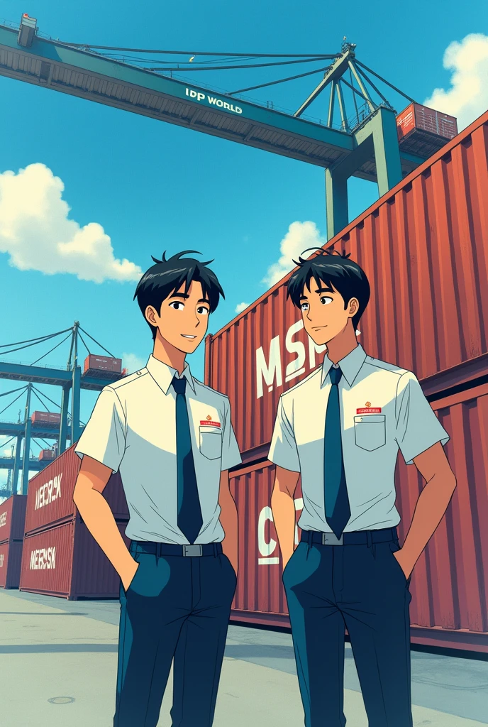 Hi, give me a picture of a 2 young man, who is a professional in International Business, clothing have customs worker clothing, in the background is the DP WORLD port with Maersk containers, that has a hairstyle with a side part, black hair, and it has a watercolor outline, and the image can be seen up to the knee, that it be in the style of Studio Ghibli