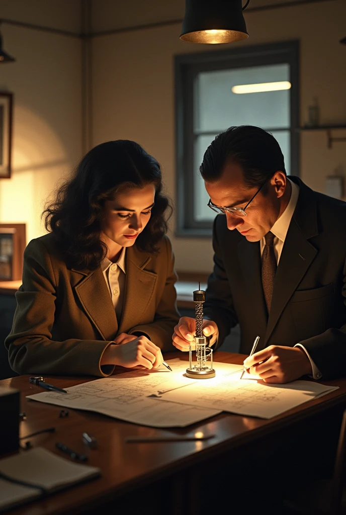 "4K photorealistic cinematic shot of Hedy Lamarr and George Antheil in a 1940s-era laboratory, developing technology that will pave the way for WiFi, GPS, and mobile phones. Hedy, in a sophisticated but practical outfit, is captured deep in thought as she adjusts a complex device, her expression showing a mix of concentration and visionary thinking. George, dressed in a sharp suit, is beside her, examining technical drawings and components with meticulous care. The workspace is filled with period-specific electronic equipment, blueprints, and tools, representing the groundbreaking nature of their invention. The lighting is warm and focused, illuminating the scene and emphasizing the brilliance of their collaborative effort, rendered in ultra-realistic high-resolution."
