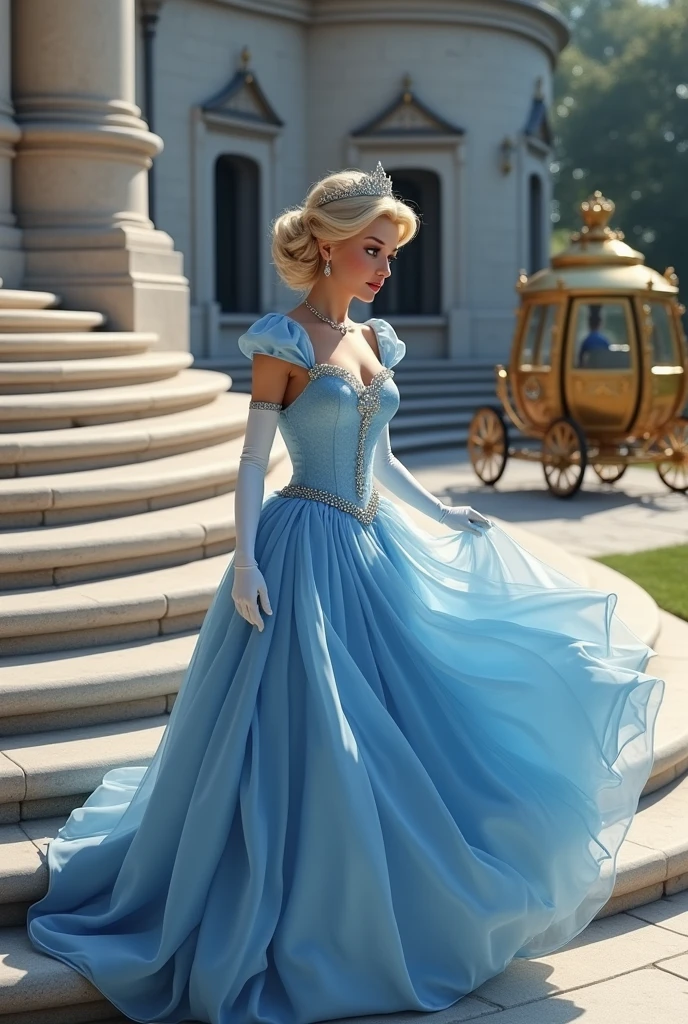 (photorealism:1.2), beautiful woman, beautiful face, toned body, blonde hair, elegant updo hair, silver crown, white gloves, full lips, blue eyes, silver princess necklace, sky blue princess dress, puffed dress sleeves, glass slippers, climbing stairs of a castle, castle entrance, golden carriage, fountain dripping water