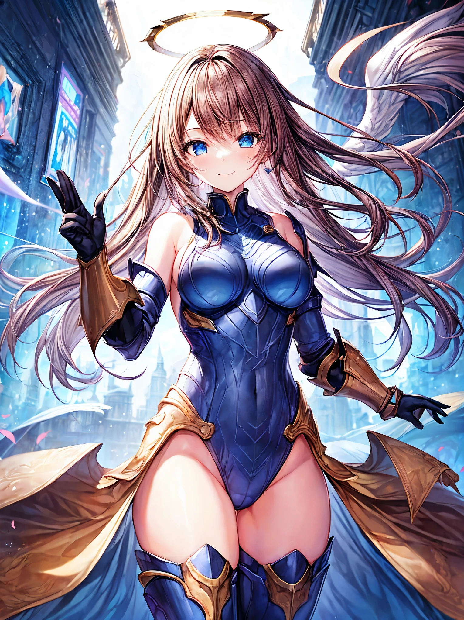 fantasy, 1angel_girl,(young_:1.5), ,brown_hair, medium_bob_hair, long_bangs, halo,bare_shoulder,thighhighs,silver_armor, waist_armor, large_breasts,1pair_wings, dynamic_pose_fighting,floating, bare_crotch, headgear,gauntlet, greaves,city_landscape_background,slightly_spread_legs, solo, groin_naked,smile