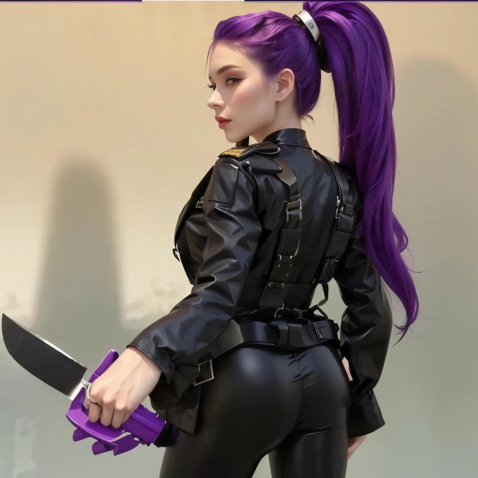 European girl, 2, sexy, sexy body, holding two knives in her hand, black military outfit, purple hair, latex outfit, big ass