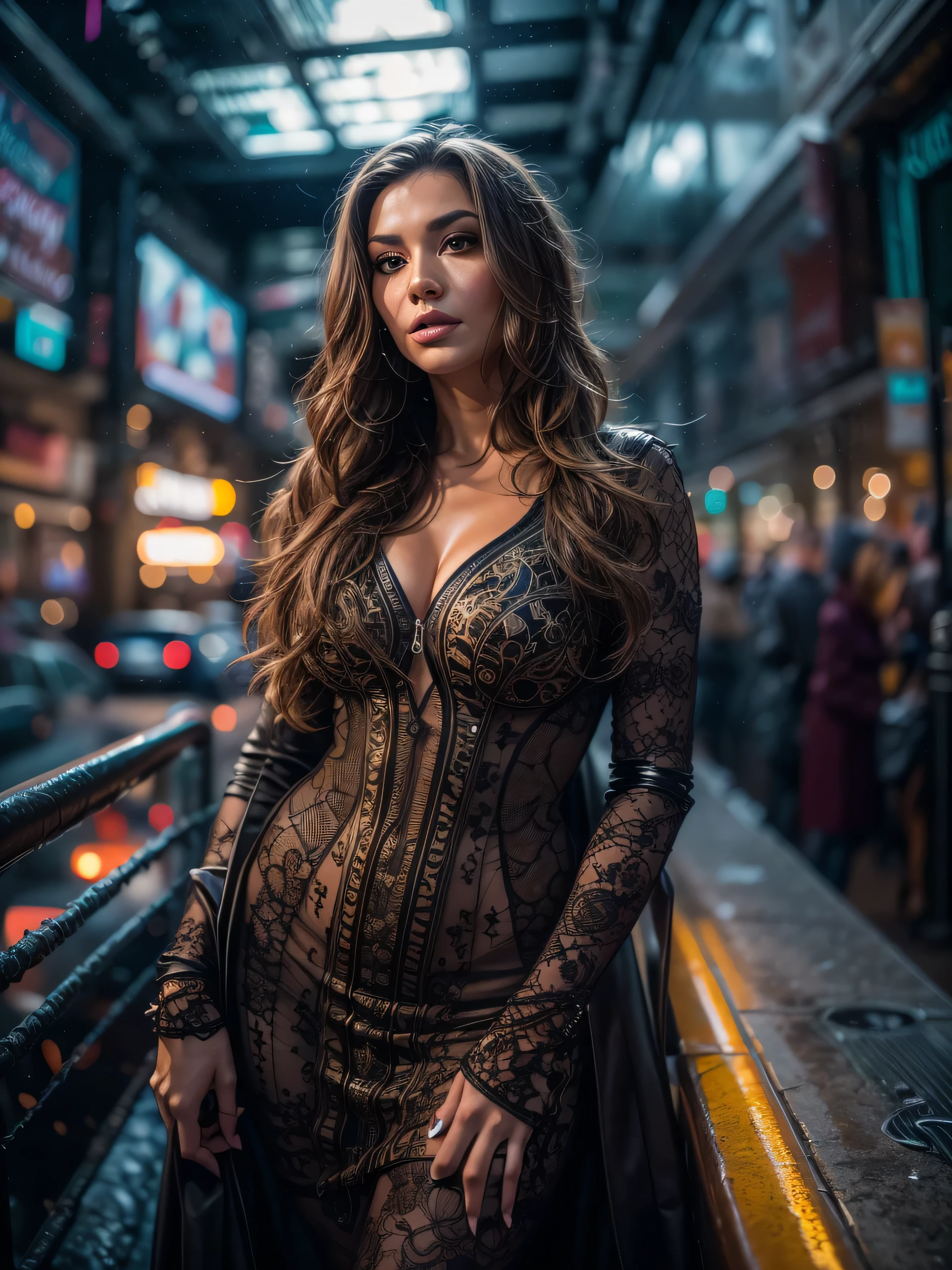 ((Fisheye)) ((high angle shot))One ultra hot gorgeous European woman. Age 23.Instagram model. RAW, beautiful woman, (extra long wavy brown hair), ((detailed face:1.2)), ((detailed facial features)), (finely detailed skin), (high detailed deep cleavage cyberpunk ((steel)) dress), cyberpunk snowy megacity environment at night, (cold colors), damp, moist, reflection masterpiece) (perfect proportion)(realistic photo)(best quality) (detailed) photographed on a Canon EOS R5, 50mm lens, F/2.8, HDR, (8k) (wallpaper) (cinematic lighting) (dramatic lighting) (sharp focus) (intricate)