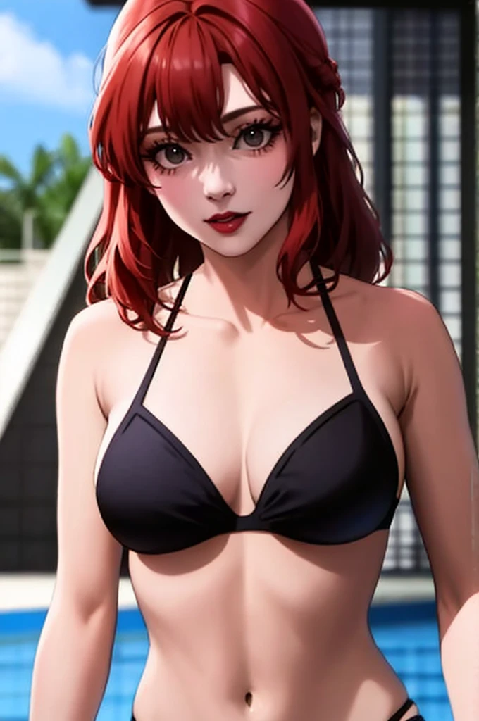 A woman with red hair, sultry body, black bikini, swimpool