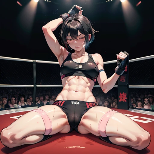 a japanese female fighter is beated down in the octagon fighting ring of underground arena with audience. A bloodied and bruised female fighter sits with her legs spread. She is cornered against the cage of octagon and has a lot of punches from the male fighter. she has lost. she has no will to fight. she has big pain. she is crying. she is damaged terribry. Short-cut black hair, out of breath, drooling from mouth, one eye is closed, exhausted, drenched in sweat. Erect nipples, open finger glove, Whittled waistline, muscular, six-pack abs, Ragged white and pink lined sports bra, high leg panty, Stockings. armwarmers.