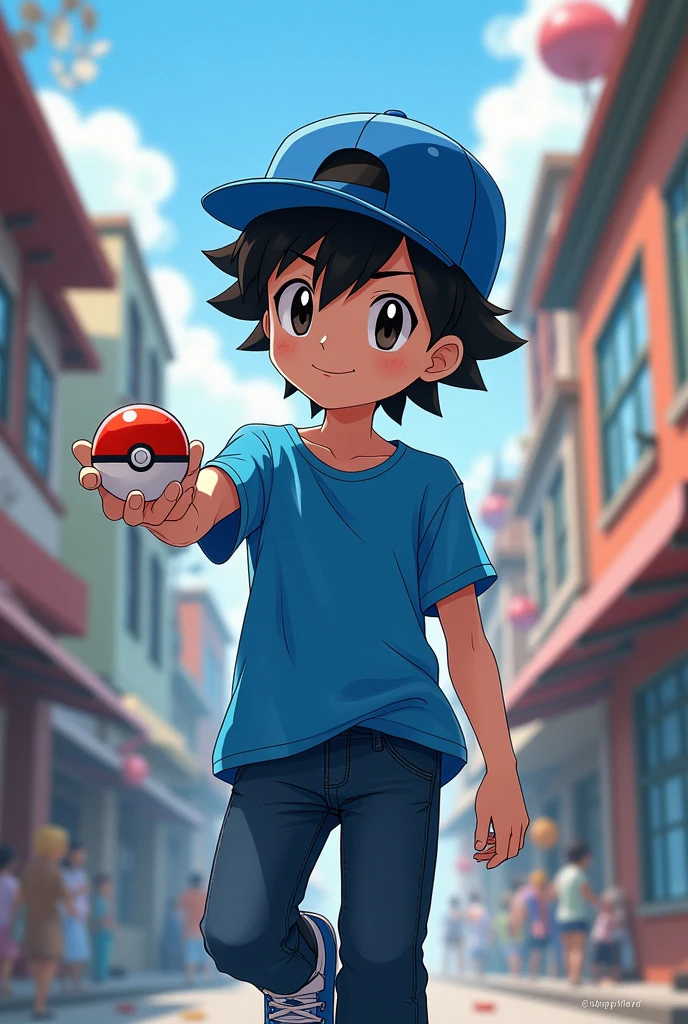 A young boy with a blue shirt, dark blue jeans, blue sneakers, straight messy black hair, black eyes, white skin, straight messy black hair, a blue cap and holds a pokeball in one hand and is anime