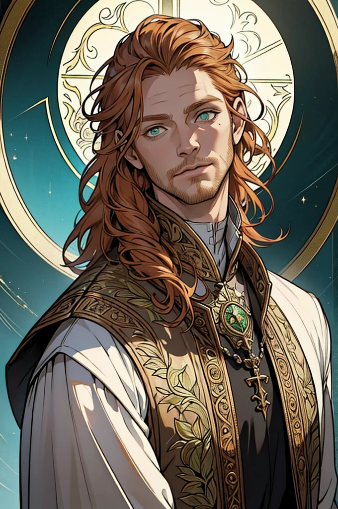 (masterpiece),(Very detailed),(Very detailed),(best quality), perfect lighting, fantasy priest 40 years old, solo ((short messy ginger hair)), tall, stunning, beautifull face, green eyes, fantasy clothing, animated style, perfect face, highest detail, stubble, detailed face, intricate details, expresionless