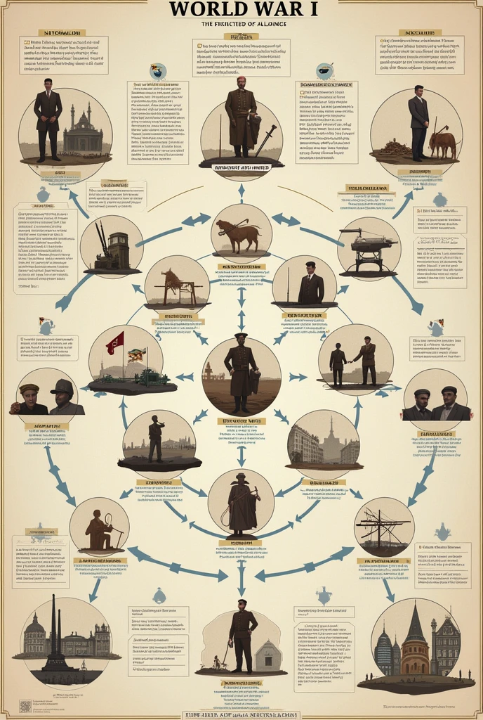 *Causes of the First World War**
- **Chart Idea:** Create a flowchart that highlights the main causes, like Nationalism, Imperialism, Militarism, and Alliances, leading up to the assassination of Archduke Franz Ferdinand as the immediate cause.
- **Visuals:** Use icons or illustrations to represent each cause (e.g., a map for imperialism, crossed swords for militarism).