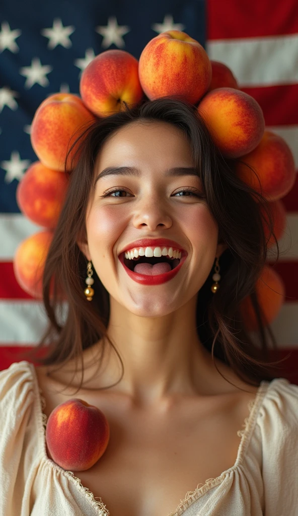 Clothed 30's、A very beautiful American woman。Dressed in traditional American clothing。Facing forward、Open your mouth wide、He is biting into a peach with relish.。The expression is、Ecstatic expression、I feel a strong sense of ecstasy。With a smile、Both eyes are open。The head is peeled、Covered in several real peaches。There are a lot of peaches on and around the head.。There are peaches all around。There are so many peaches。The skin is、Hidden by clothes、Light clothing。There are peaches all around。Covered in peaches。Fully clothed。No tattoos。The background is the colors of the American flag.。9:16 sizes。Highest quality、A masterpiece。