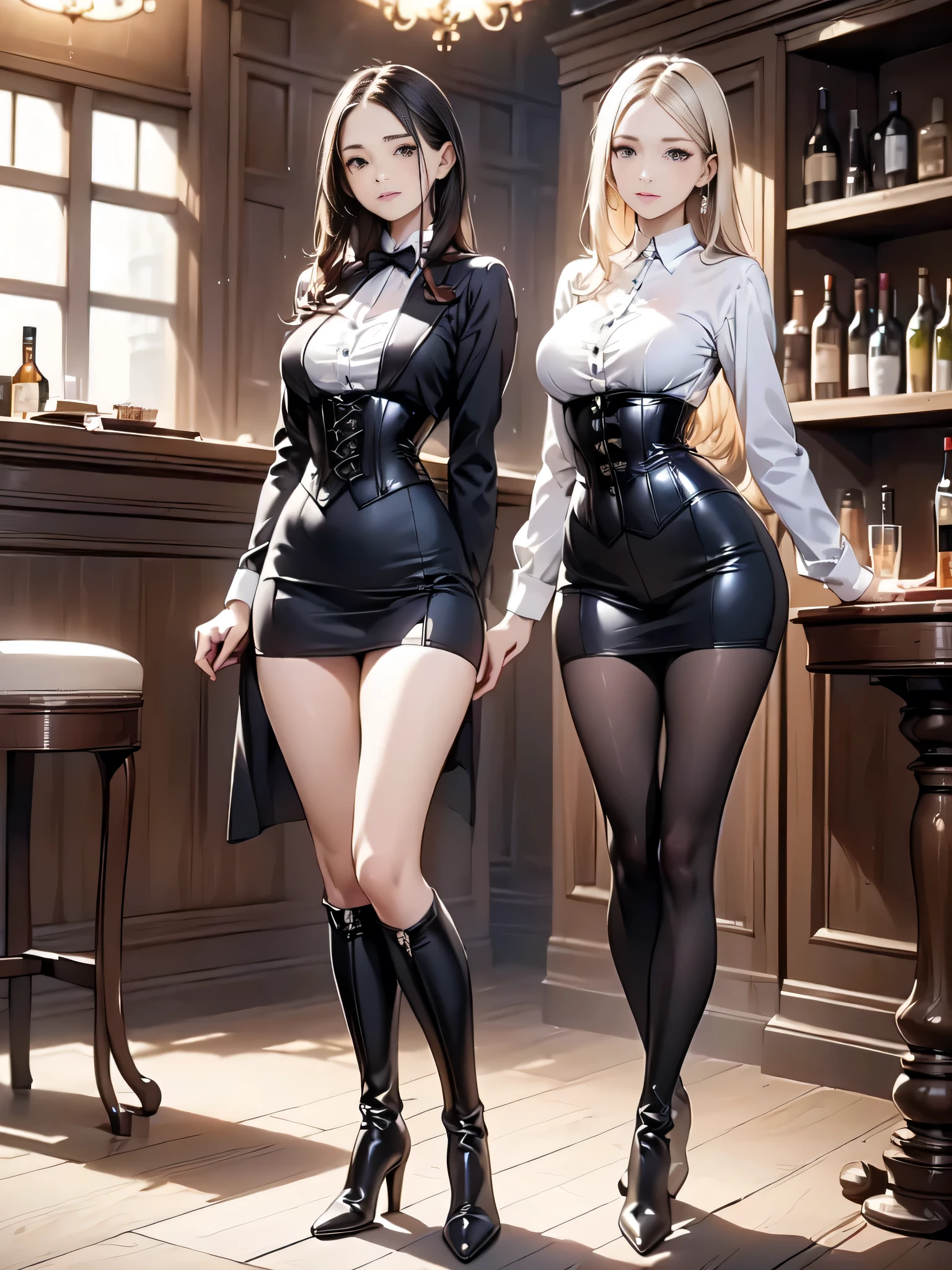 (masterpiece:1.3),(best quality, highest quality),((Full Body Shot,Including face)),1girl,Standing position,4K,masterpiece,((Focus on the face)),((Symmetrical facial features)),Beautiful woman,(slender,Beautiful feet),((Thigh-high boots)),Detailed depiction of the face,bar counter,Cafe clerk uniform,Realistic,corset,Eyes warp
