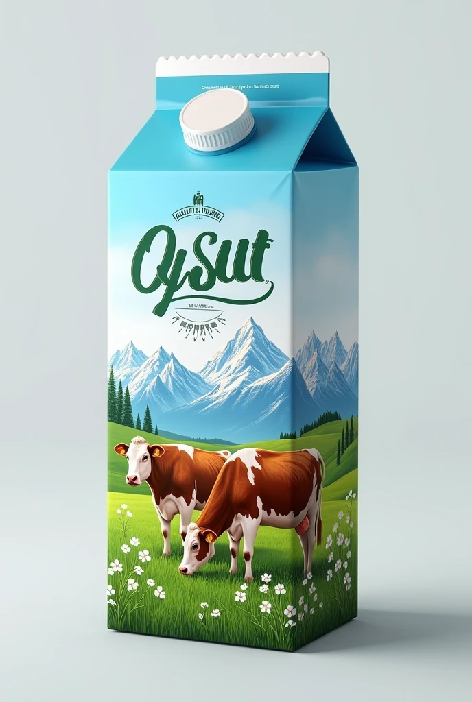 Tetra Pak milk packaging design , in Uzbekistan , with cows , mountains, snow on the mountains ,name OQ SUT