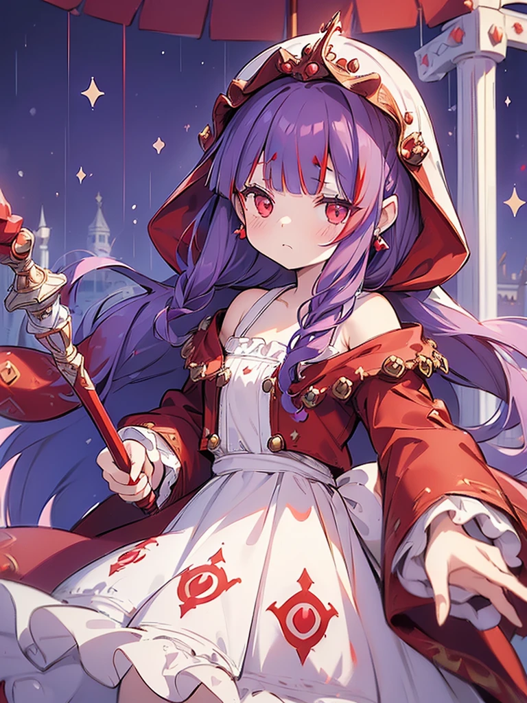 ((((Princess of Moonberg)))), ((1little girl)), ((drooing eyes)),(((deep purple hair))), ((Blunt bangs)), (Fluffy long hair), (Deep red eyes), Pearl earrings,
((((red hood)))), (Lotto emblem on hood), (((Red Stall))),  ((White robe with red edging)),  
Holding a magic staff in her left hand, cowboy shot,
Venice, Clear blue sky, rainy day,