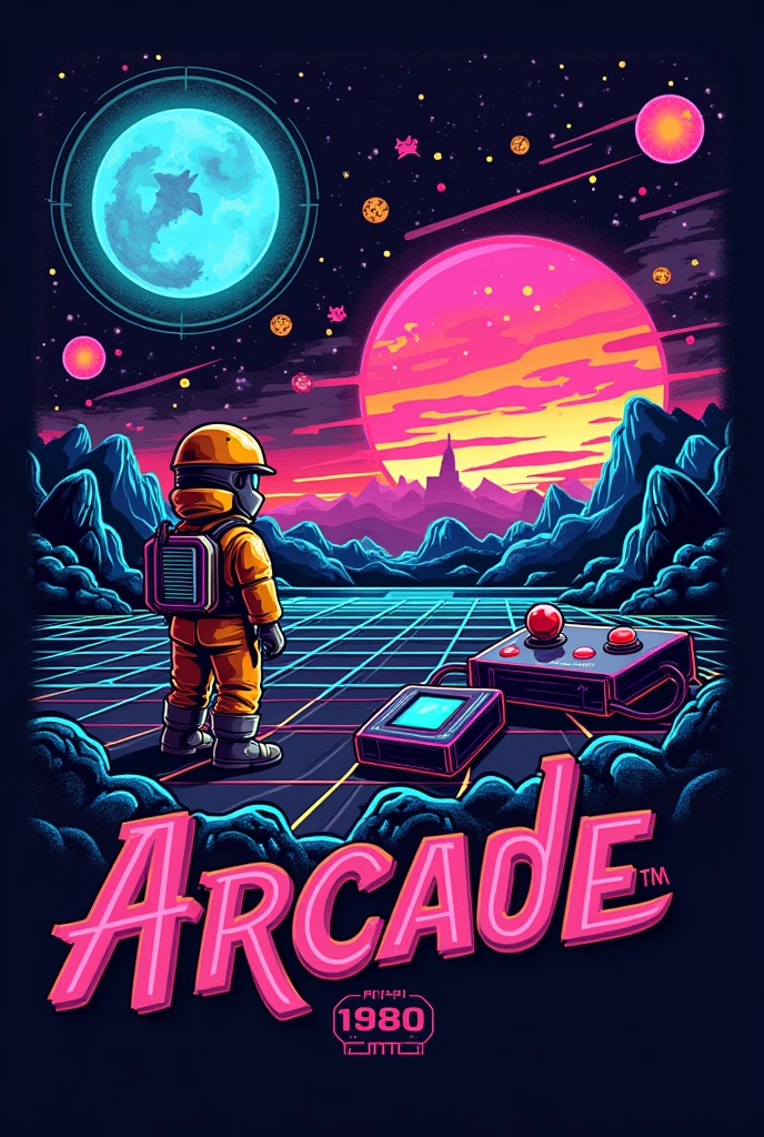 Create a T-shirt design inspired by 80s arcade culture. Use vibrant neon colors and pixelated graphics to capture the essence of classic video games. Incorporate iconic elements like 8-bit characters, game controllers, or space themes, with a retro-futuristic font that enhances the nostalgic vibe."