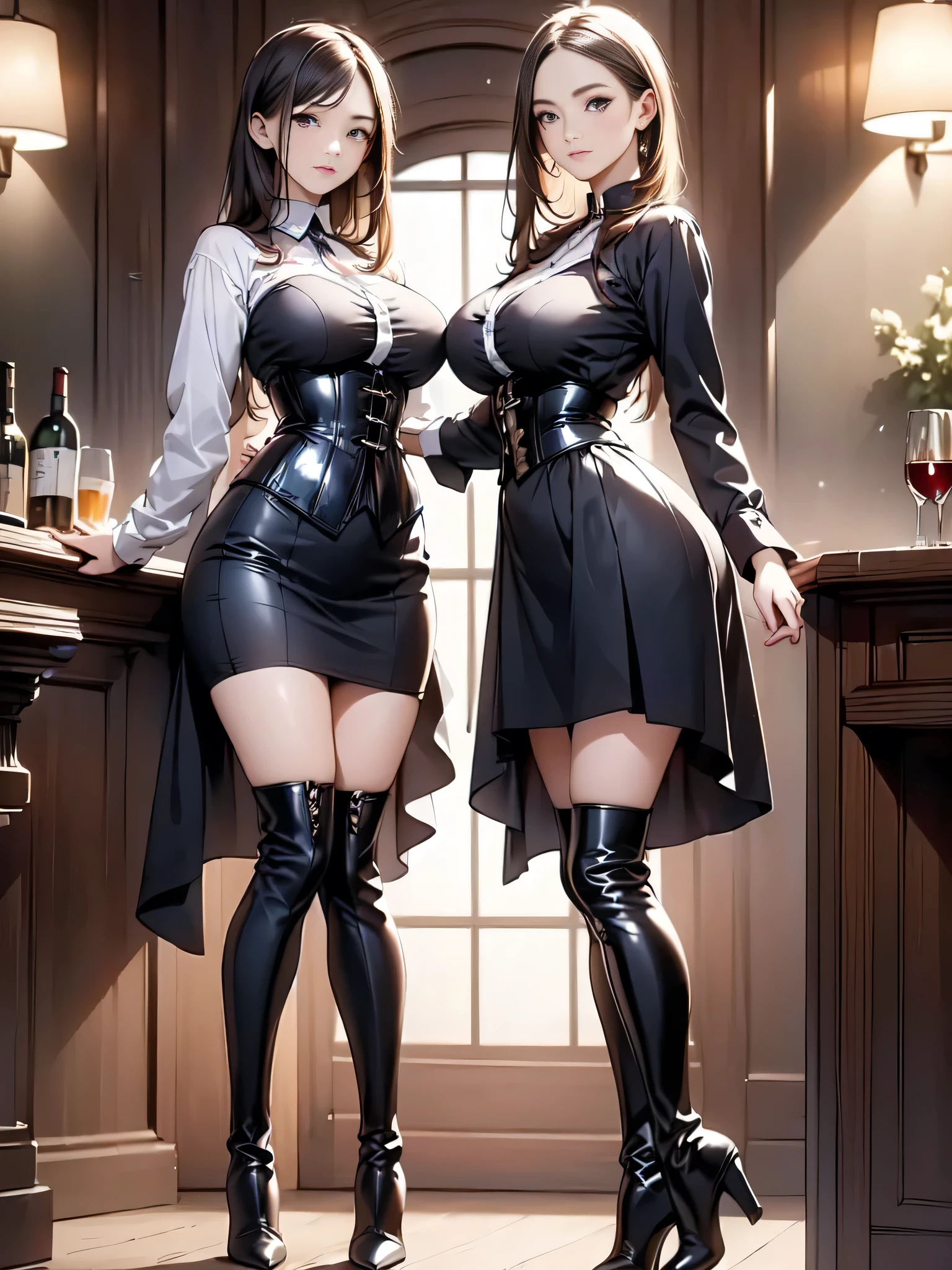 (masterpiece:1.3),(best quality, highest quality),((Full Body Shot,Including face)),1girl,Standing position,4K,masterpiece,((Focus on the face)),((Symmetrical facial features)),Beautiful woman,(slender,Beautiful feet),((Thigh-high boots)),Detailed depiction of the face,bar counter,Cafe clerk uniform,Realistic,corset,Eyes warp