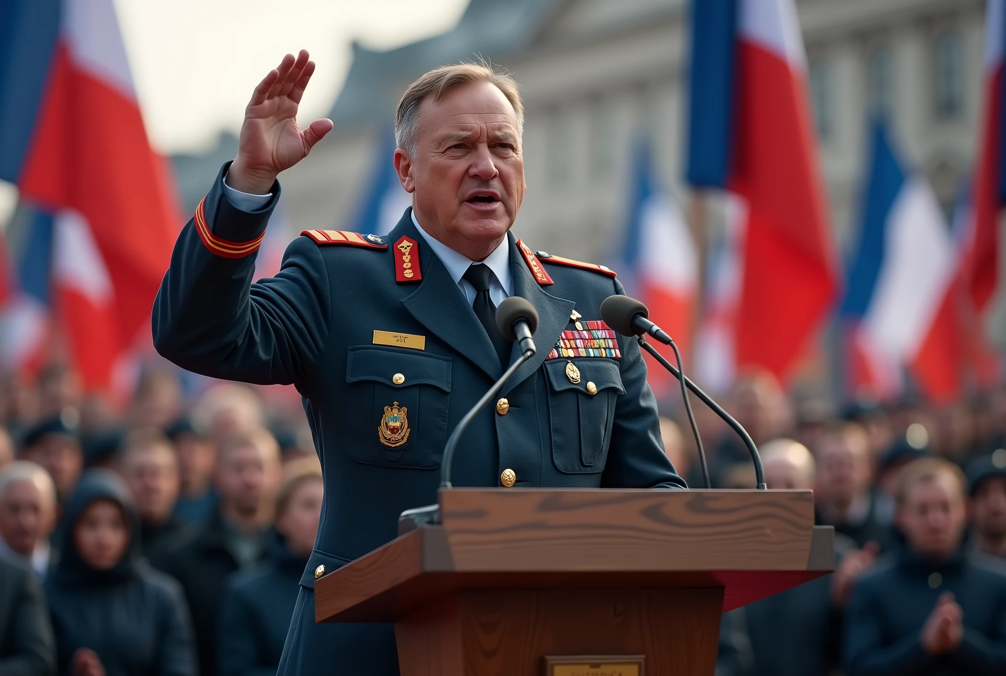 i need a realistic photo of an European Country leader wearing military dark grey uniform, The leader speaks at the rally. The leader has a hand raised.