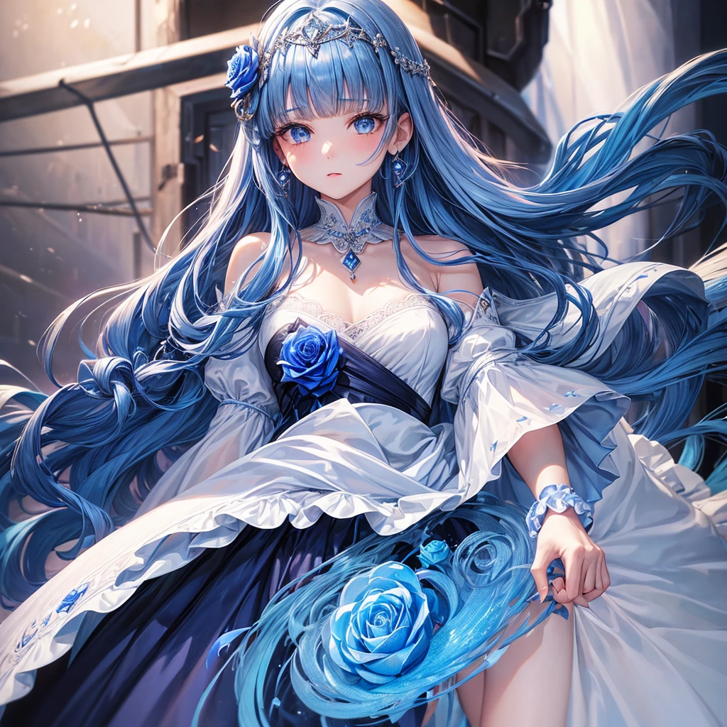 ((Highest quality)),(Ultra-high resolution),Flared skirt dress,High neck、The material of the dress is deep blue rose、Highly detailed CG Unity 8k wallpaper, , Earrings, Blue hair, Curly Hair, Blunt bangs, Straight bangs, Blue eyes, White skin, Gal, Improve、Her flat chest is hidden by her dress