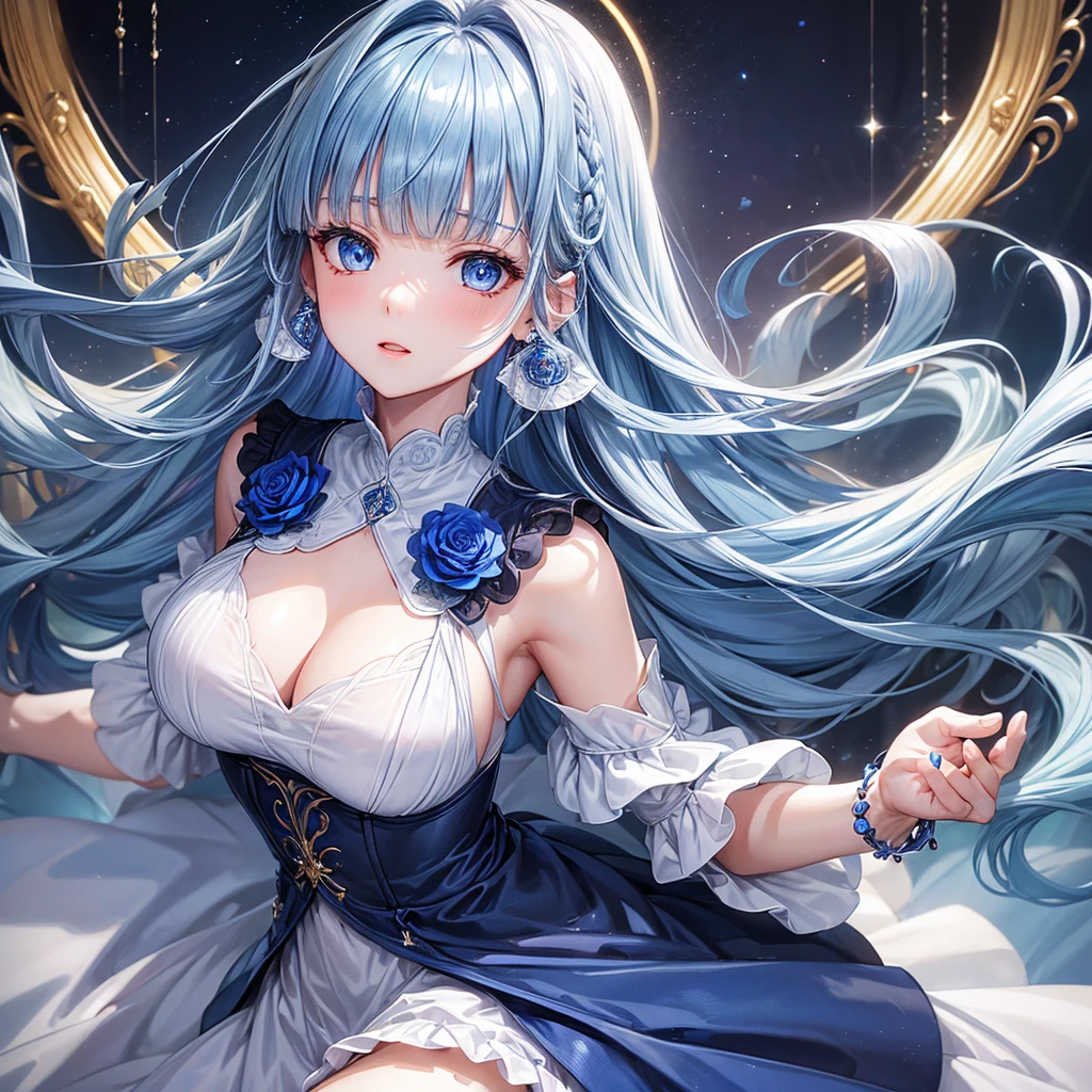 ((Highest quality)),(Ultra-high resolution),Flared skirt dress,High neck、The material of the dress is deep blue rose、Highly detailed CG Unity 8k wallpaper, , Earrings, Blue hair, Curly Hair, Blunt bangs, Straight bangs, Blue eyes, White skin, Gal, Improve、Her flat chest is hidden by her dress