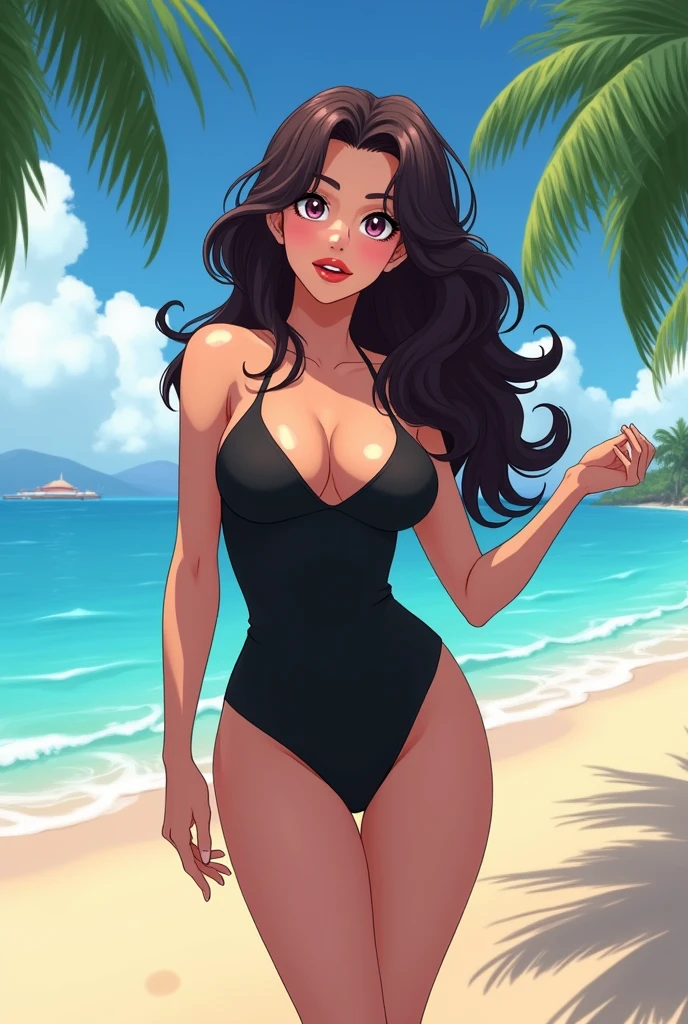 An anime called Izabella, She has an average ass, wears a tight black dress, and has long curly hair. The scene could be her on a beach in a bikini