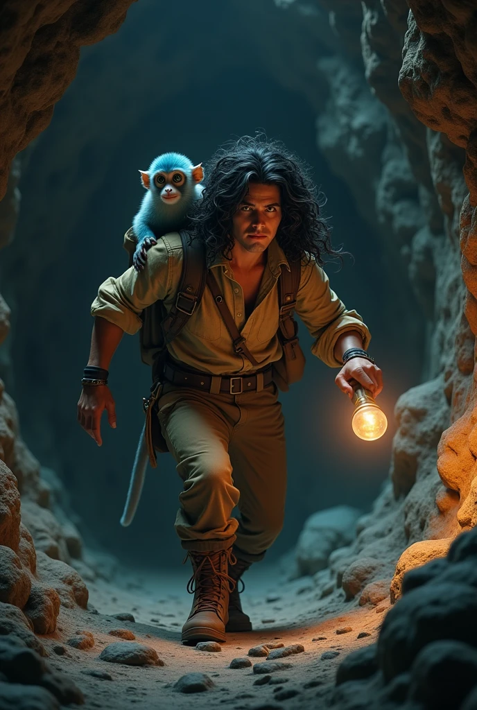 A twenty-five year old man in a hurry, with black hair, curly and long to the shoulders. green eyes. walks through a dark cave with a torch in his hand. On his shoulder is a small blue-furred pygmy monkey.. photorealistic