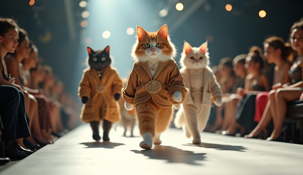 Write a 10 imge prompts for fation show outfit for cats full body shots cats are walking like humen
