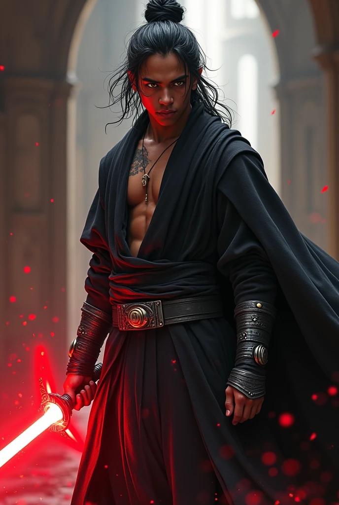 Young dark male Sith lord with glowing yellow eyes, with long, wavy, messy black hair, with samurai bun. Wearing a black cape and dark metal belt and silver bracelets and shoulder pads...His heavily scarred chest is exposed beneath his black cloak. In an attack pose he holds a purple lightsaber.