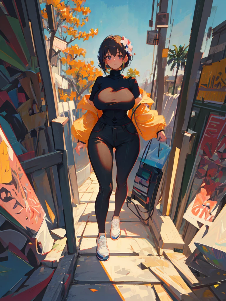 1girl, big breasts, curvy figures, smile, short black hairs, brown eyes, turtleneck clothes, black outfit, many tree background, flowers, high res, ((masterpiece))