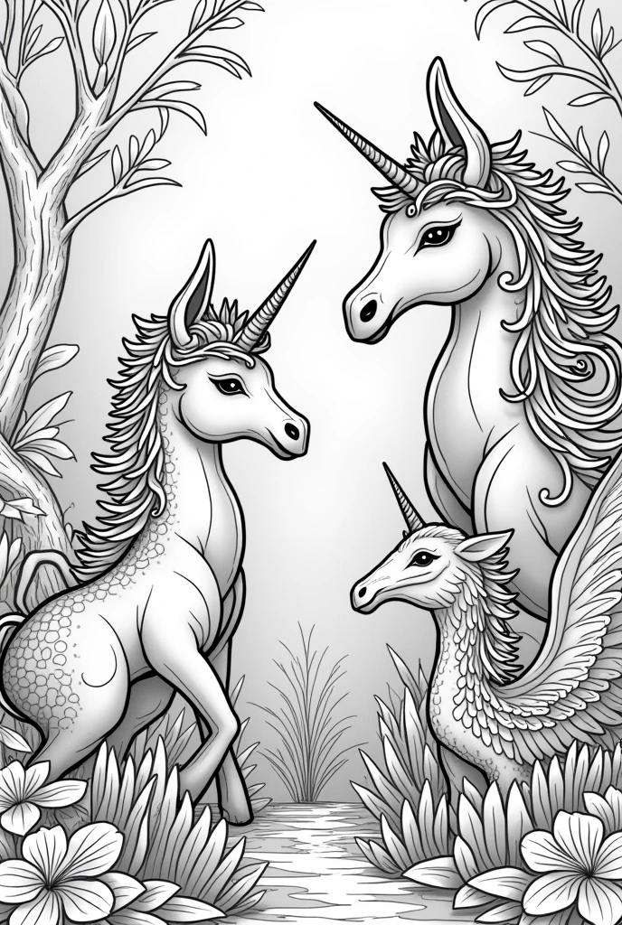 A 4k quality adult coloring book page of fairy tale creatures, high detail, no color, no darkened areas, no grey scale, no shadow