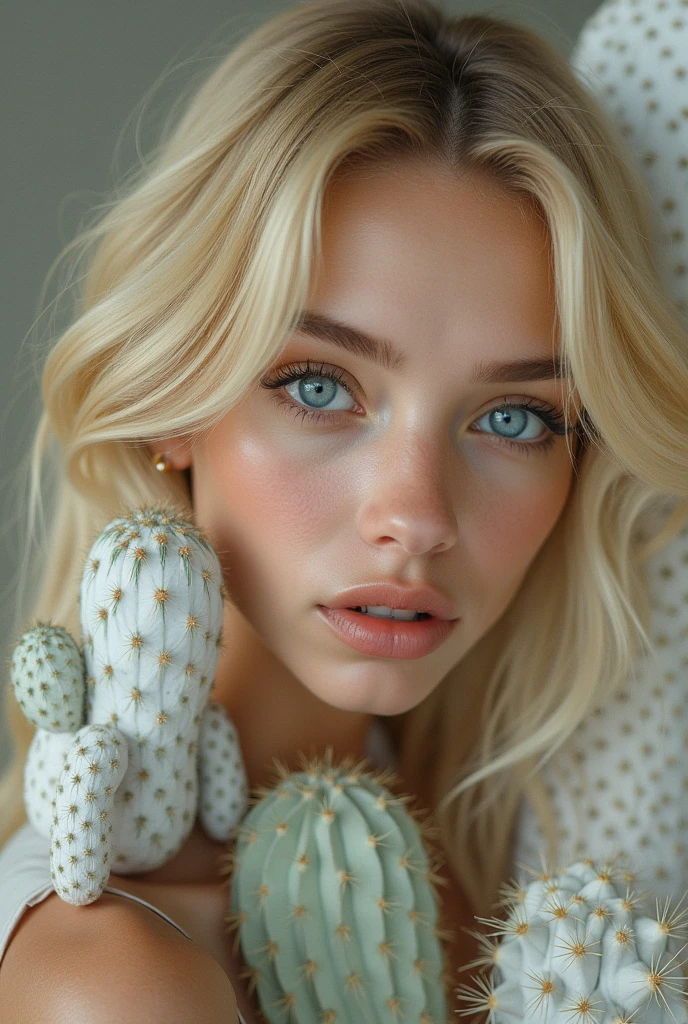 Blonde with blue eyes with a white and gray cactus named Osvaldo