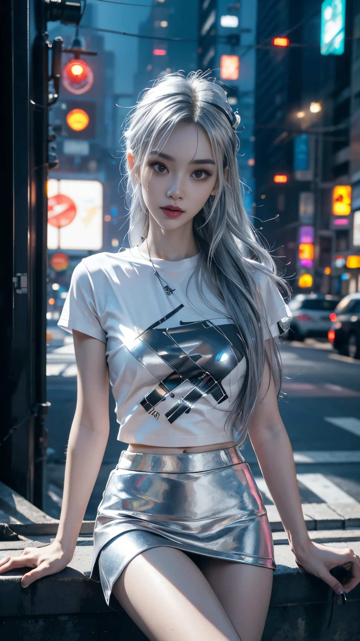 8k, UHD, masterpiece, 1 girl, ((good face)), very long hair, light makeup, (white skin:1.2), detailed eyes, small bust, simple cyberpunk clothing, ((silver t-shirt)), ((mini skirt)), (cyberpunk lighting:1.4), (building roadside), light effect, light reflection, ((spreading lights)), cyberpunk, cybercity, futuristic, (night), ray tracing, bloom, perfect pose, sitting,