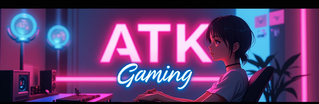 This is a gaming banner that features the name “ATK GAMING” in a futuristic font and a pink blue color and free fire character boy Anime avtar, The logo also has a stylized controller icon and a Gaming PC setup in the background. The logo is designed to be attractive and eye-catching, and to appeal to gaming enthusiasts and YouTube viewers. I hope you like it.