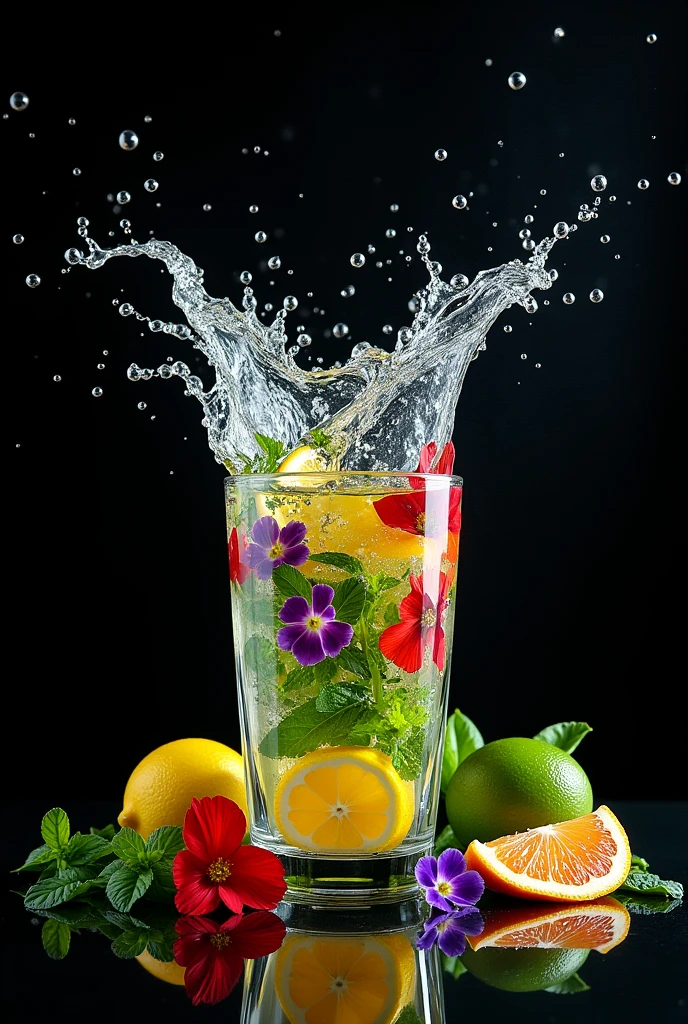 (Movie-like photos:1.3) of (Realistic:1.3) a studio shot of a (explode:0.2) (Low gravity of fruit:1.1) (Splash:0.9) A glass of water with lots of herbs, ミントとbasilとローズマリー、Contains lemon and lime, Splash Image, Full Color, In Kamba, splashes of liquid, Drink, Mint and basil and flower, Next to lemon and lime and flower, Strong colors, ticker, Invoking joy, Water swirls, Fred Marcellin, Top selection when splash is removed, professional food photography, Artistic photography. Black background,Red and purple flowers on the table、basil