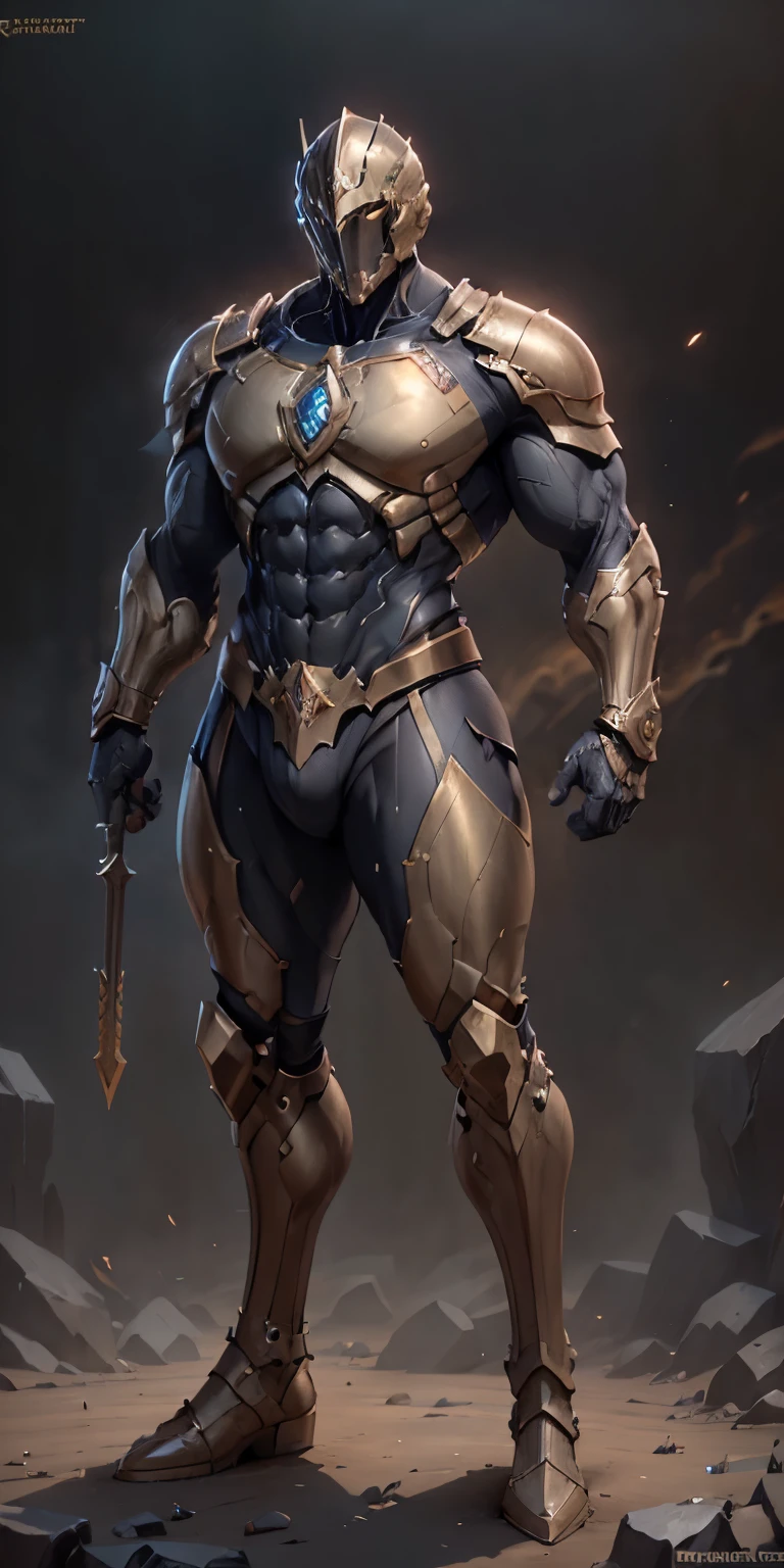 Gold Stormcast Eternal from Age Of Sigmar, frontal, One-piece helmet, with a mask that represents an expressionless male face, Stormcast Eternal soldier, Stormcast Eternal armor, full-length, looking at the camera, facing the audience, standing pose, simple background, three-dimensional light, detailed full-body concept, muscular male, bodybuilder body, Massive body, ((really big muscle, massive muscular, sixpack, narrow waist, chiseled abs, thick arms, wide pectoral, super huge muscle, hyper muscular, over sized muscle, huge arms, big arms, huge pectoral)), male, solo, sleek digital concept art, beautiful full-body concept art, art trend, CGsociety full-length,
