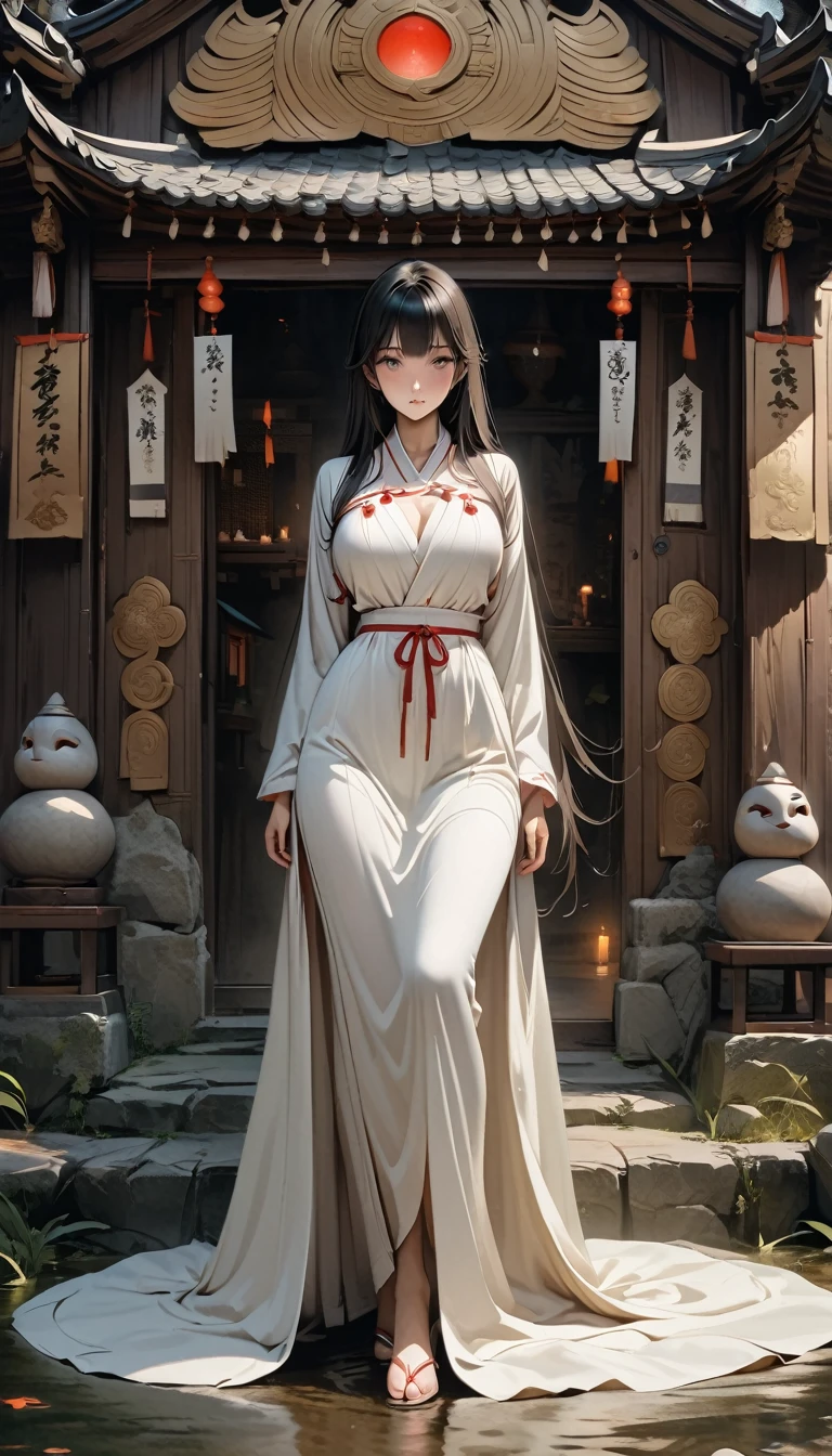 (masterpiece, Highest quality, RAW Photos, Surrealism, 8k, Very detailed, so beautiful), (, The perfect human body, Silky skin, Realistic Skin, country, , Mysterious Japanese Shrine Maiden,、White long dress、Bored face, Narrow waist, Thin legs, Large Breasts, Baby Face, beautiful and cute face), (Round face, Black Hair, Watery eyes, Shining Eyes, The hair is long and black, bangs, Lowered eyebrows, A slight blush), (Turn your body forward), (Staring at the audience),Natural light、whole body、full length、Ancient temple、Fortune telling、Fortune tellingの道具、Candles、crystal、Mystical symbols、constellation、A fantastic atmosphere