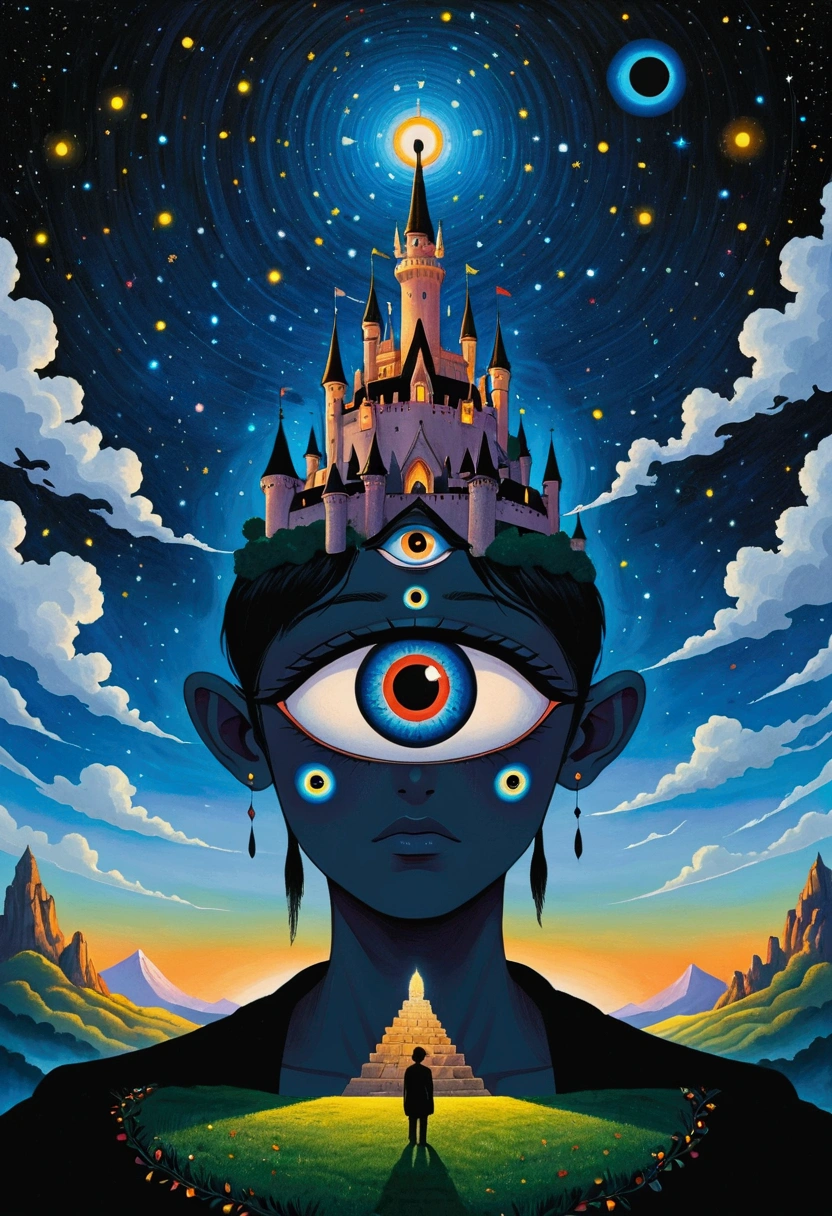 There is a big eye in the painting,There is a castle in the background, Colorful black,Starry Sky,Surrealism inspired by Nagai Hiroshi, Winner of the Behance competition, Minimalism, Portrait of a mysterious giant eye, All-Seeing Eye, Third Eye Vision, Fred Tomaselli, Paul Lafley, Fantasy painting, Mysterious eyes, The Third Eye, Highly detailed fantasy art, Mysterious Eye