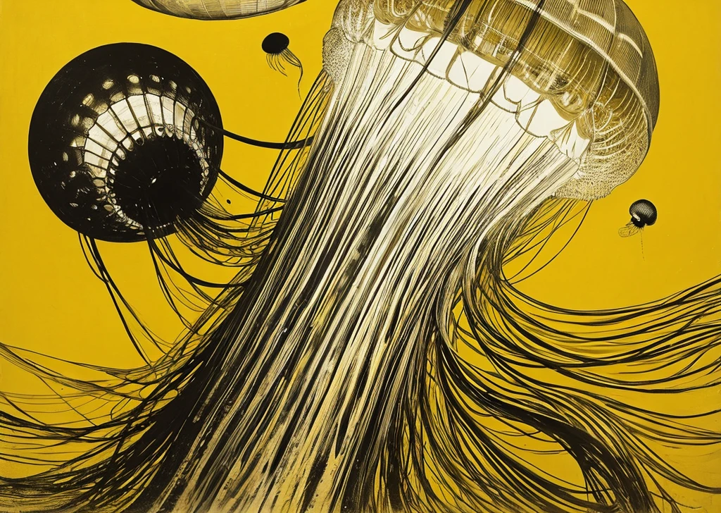 wing,very large,one jellyfish so far,monochrome,old painting,yellow background,Rantan,space,midlle ages,atomic