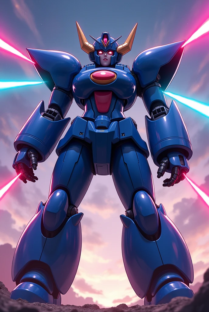 anime, Giant Robot, Uplifting,Junmin, A full-body image of a plump indigo and navy blue female super robot fighting with lasers coming out of its hands, Thin legs, Simple Background,universe, 