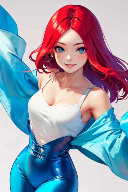 high quality, subsurface scattering, chromatic lighting,
colorized, red + white limited color palette, 
detailed concept drawing,
in Shibuya, dancing,
portrait, 20yo 1girl, medium soft breasts, slender, long red hair, blue eyes, smiling