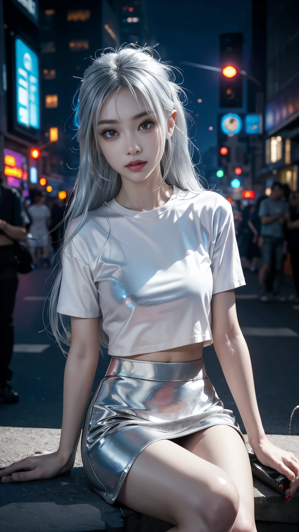 8k, UHD, masterpiece, 1 girl, ((good face)), very long hair, light makeup, (white skin:1.2), detailed eyes, small bust, simple cyberpunk clothing, ((silver t-shirt)), ((mini skirt)), (cyberpunk lighting:1.4), (building roadside), light effect, light reflection, ((spreading lights)), cyberpunk, cybercity, futuristic, (night), ray tracing, bloom, perfect pose, sitting,