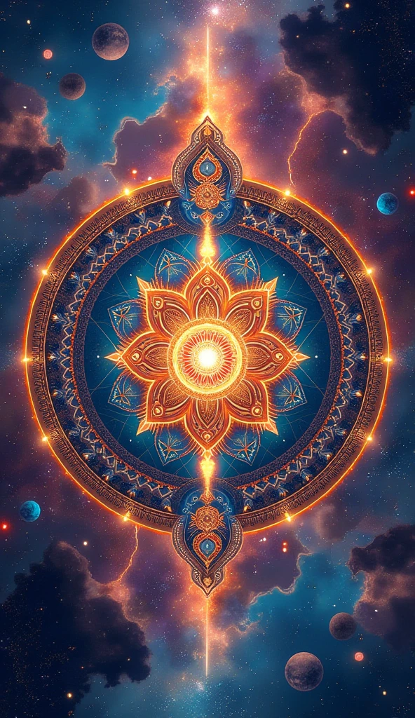High definition android wallpaper based on colorful, detailed and elaborated mandala illustration on Hindu culture, scriptures &symbols in vedic style and circular form with an aesthetic extraterrestrial background