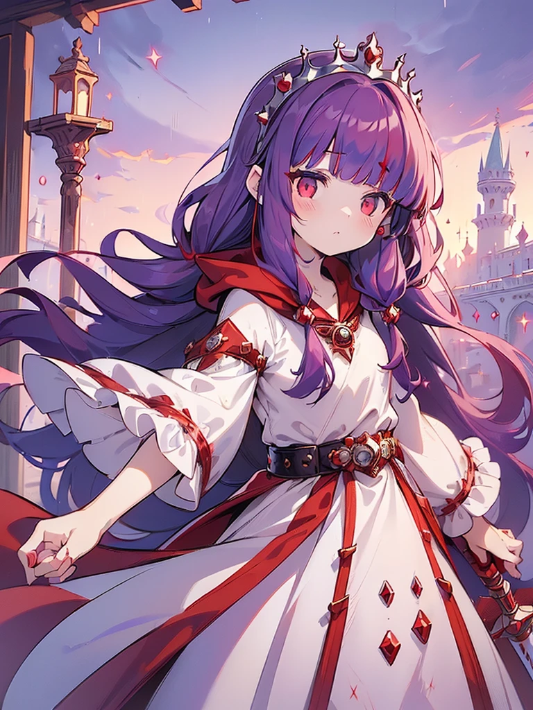 ((((Princess of Moonberg)))), ((1little girl)), ((drooing eyes)),(((deep purple hair))), ((Blunt bangs)), (Fluffy long hair), (Deep red eyes), Pearl earrings,
((((red hood)))), (Lotto emblem on hood), (((Red Stall))),  ((White robe with red edging)),  
Holding a magic staff in her left hand, cowboy shot,
Venice, Clear blue sky, rainy day,