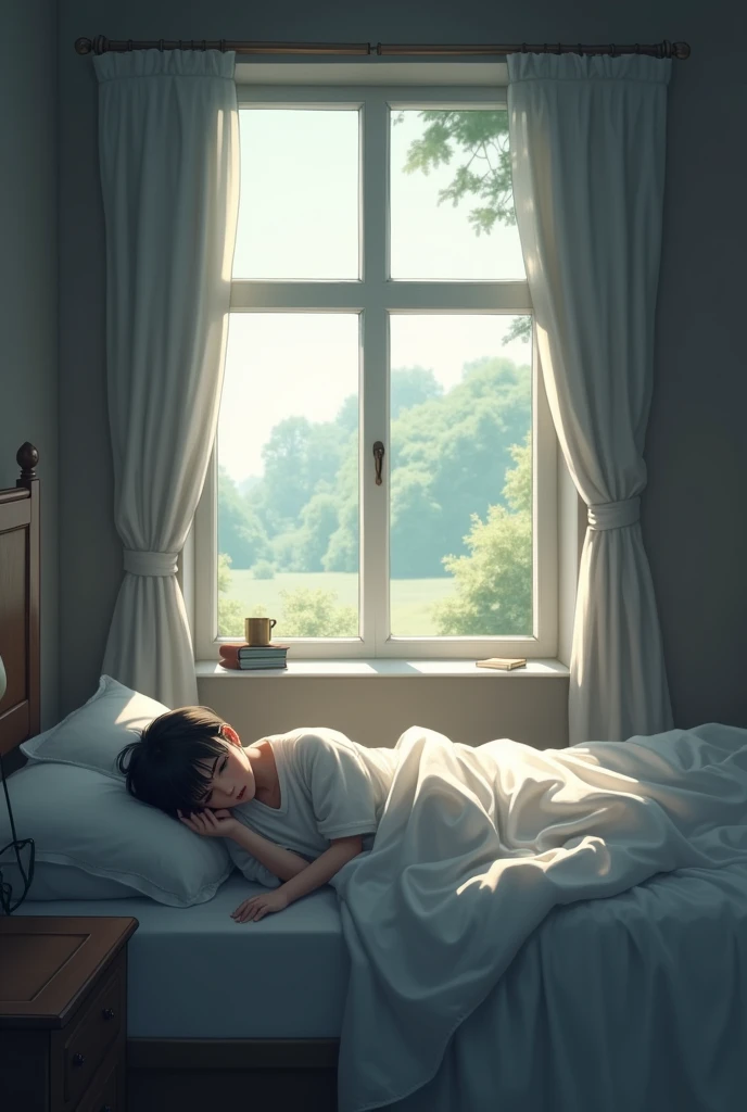 A person lying on a bed with a window next to it.
