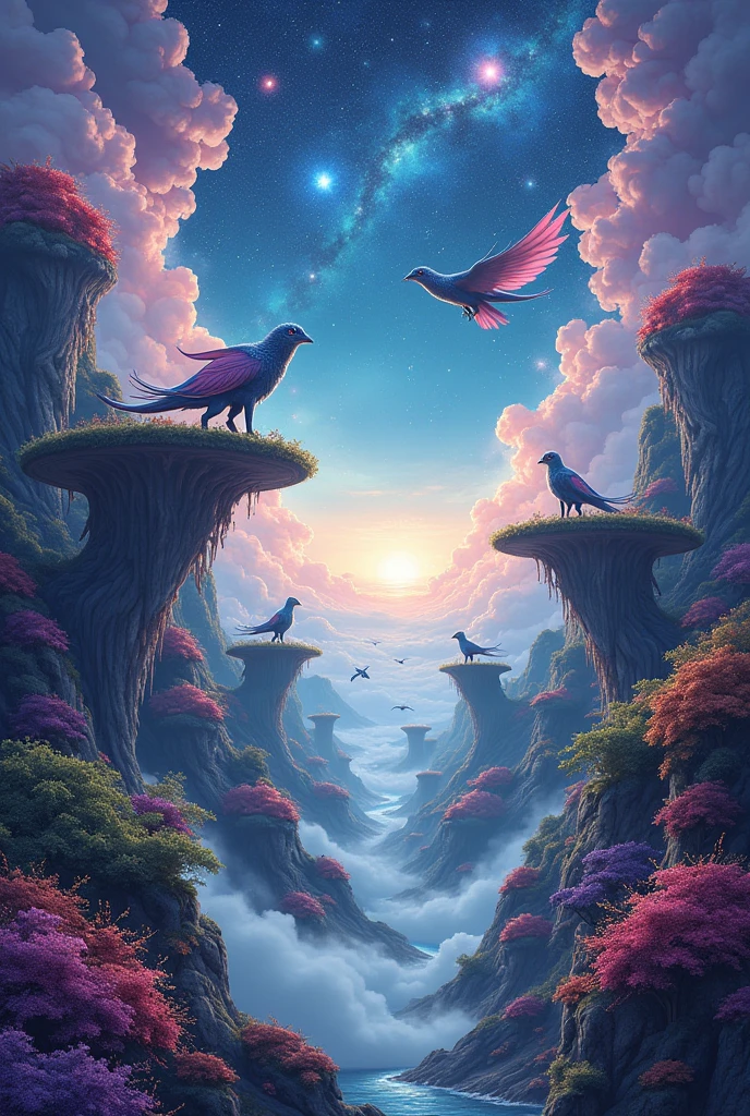 Develop a T-shirt design featuring a surreal, dream-like landscape. Use imaginative elements like floating islands, mystical creatures, or cosmic scenery. The illustration should be detailed and use a vibrant color scheme, with a touch of fantasy that transports the viewer to another world."