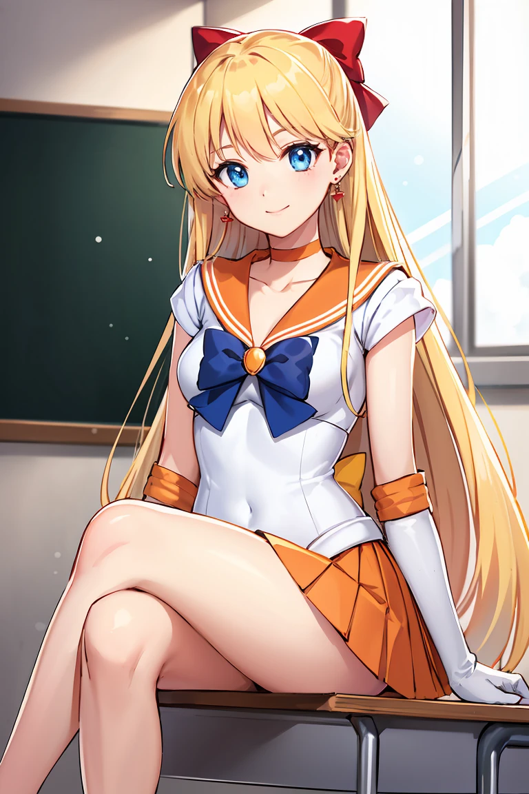 masterpiece, Highest quality, High resolution, Venus 1, One person, alone, Sailor Warrior Uniforms, Sailor Venus, aino minako, Blonde, Magical girl, blue eyes, Orange Skirt, Elbow hand pockets, tiara, Pleated skirt, Hair Ribbon, Orange sailor collar, mini skirt, choker, Red Bow, orange choker, White gloves, Very long hair, jewelry, Earrings, Sitting, Crossing your legs,The background is a school classroom,smile、